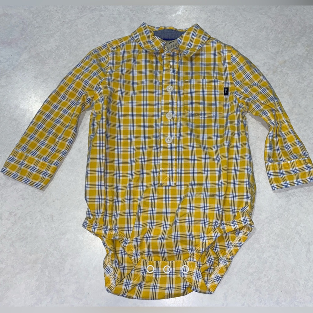 Yellow plaid Oshkosh button down baby onsie